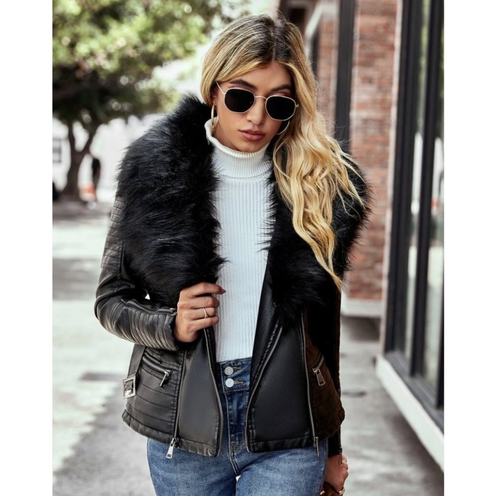 Black Faux Fur Leather Belted Motorcycle Bomber‎ Jacket Sherpa Winter Biker Coat - Picture 4 of 10